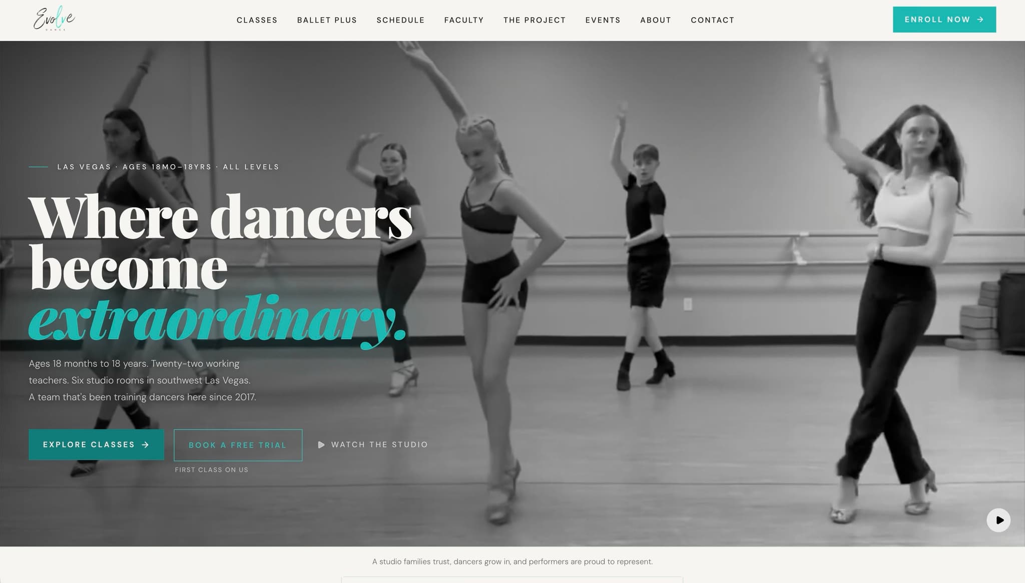 Evolve Dance Center website homepage built by Vizantir