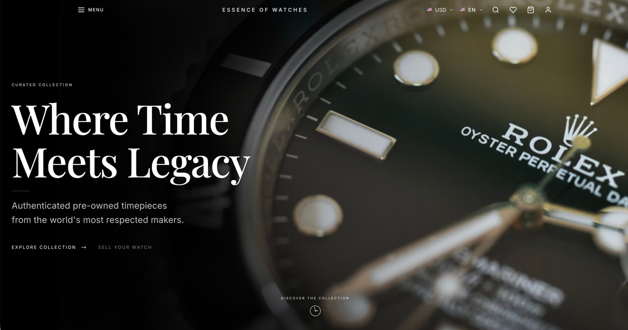 Essence of Watches homepage — luxury pre-owned watch platform built by Vizantir